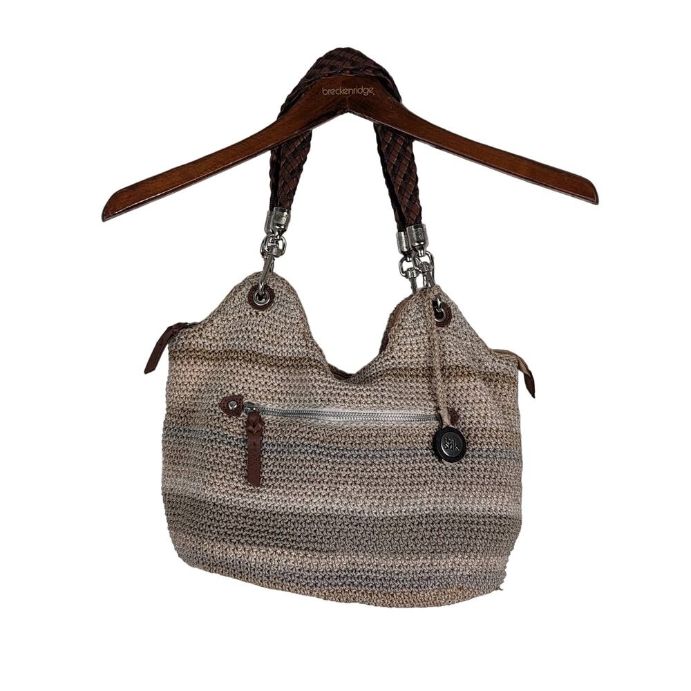 The Sak Neutral Stripe Crocheted Hobo Shoulder Bag w/ Braided Leather Straps